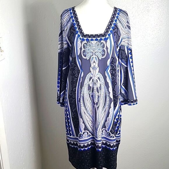 Alfani Blue, Black, Gray, White Printed Design Shift Dress, Size Medium - Picture 1 of 7